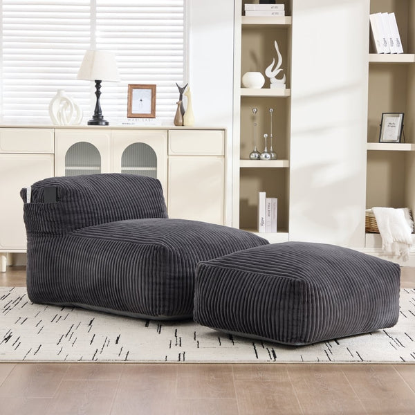 English Elm Big Corduroy Lounger Bean Bag with Ottoman Memory Foam Fill for Living Room Dark Gray W395P435355