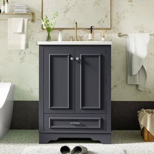 English Elm 24'' Bathroom Vanity with Ceramic Sink Combo Modern Freestanding MDF Cabinet with Soft-Close Doors and Sleek Silver Handles for Spacious Organized Bathroom Storage Blue Gray N710P194893C