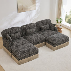 English Elm 100"comfy Chenille Leopard Print U-shaped Sectional with Tassel Trim and Modular Ottomans Khaki W5656S00024