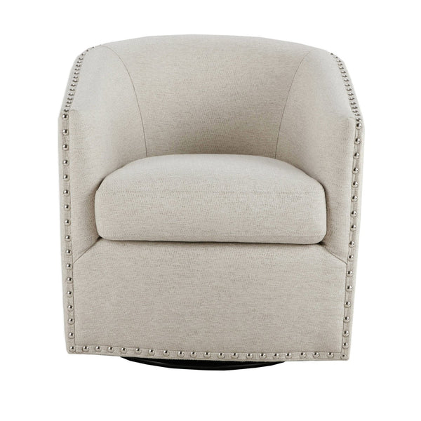 JLA Home Madison Park - Upholstered Swivel Barrel Chair with Nailheads and 360° Metal Base, Plush Foam Cushion, Versatile Elegance Natural Multi MP103-0236