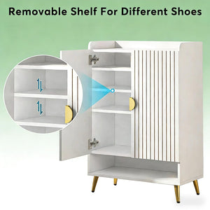 English Elm Rustic Seven Tier Shoe Cabinet with Swing Doors Adjustable Entryway Organizer Gold,White T3971P448652