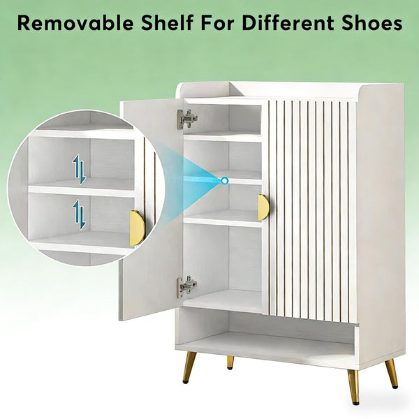 English Elm Rustic Seven Tier Shoe Cabinet with Swing Doors Adjustable Entryway Organizer Gold,White T3971P448652