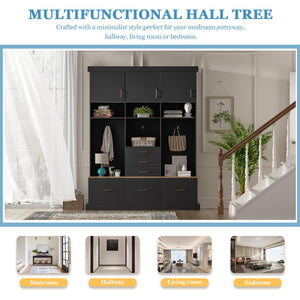 English Elm U-Can Multifunctional 75" Hall Tree with Bench, 3 Cabinets, 6 Drawers, Shelves & Anti-Tip Design Black SJ000152AAB