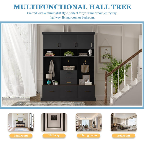 English Elm U-Can Multifunctional 75" Hall Tree with Bench, 3 Cabinets, 6 Drawers, Shelves & Anti-Tip Design Black SJ000152AAB