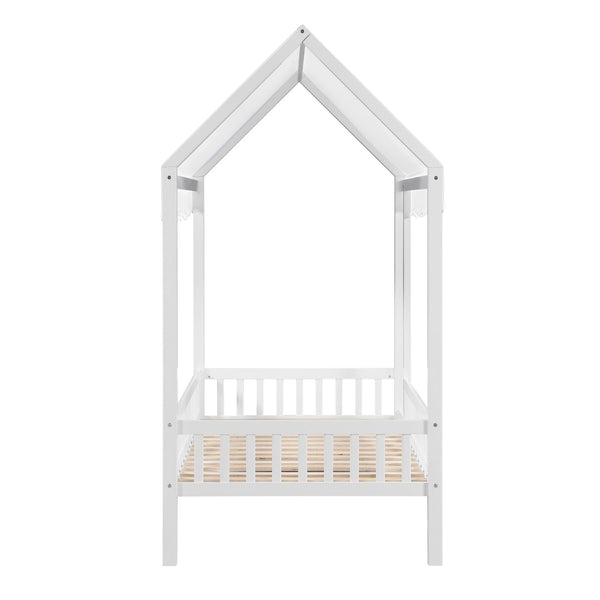 English Elm Gray Finish Canopy Platform Bed Scalloped Fabric Cover Solid Wood Twin Frame White B011P463889