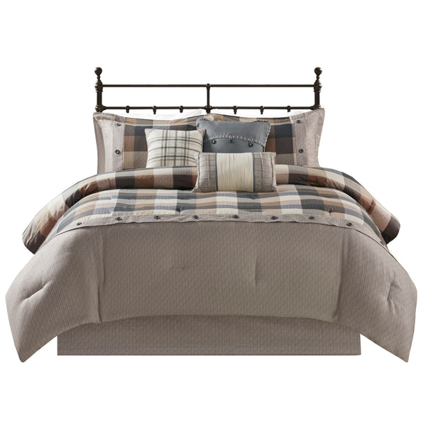 English Elm 7 Piece Herringbone Comforter Set - Cozy Buffalo Plaid Queen Ensemble With Decorative Pillows B03597190