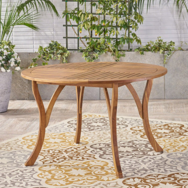 English Elm 47.25" Solid Acacia Round Outdoor Dining Table Slatted Teak Finish Seats Four N770P396234T