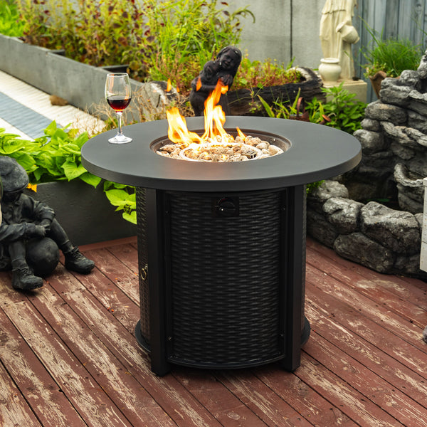 English Elm 32" 32inch Propane Fire Pit Table 50,000 BTU Steel Outdoor Patio Wicker Look with Rocks Lid Included W853P193941