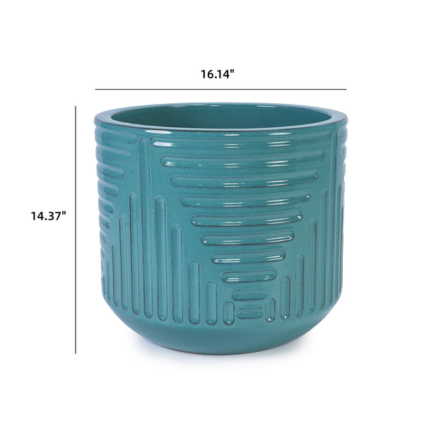 English Elm Ceramic Handcrafted Cyan Planter - Stylish Modern Flowerpot For Garden, Patio, Or Windowsill Decor W3273P326368