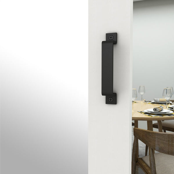 English Elm 30 in Matte Black Steel Sliding Barn Door Frosted Glass Privacy Panel with Hardware White B2763P483226