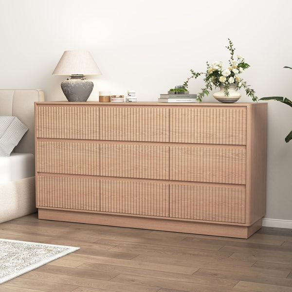 English Elm 9 Drawer Matte Wood Dresser with Wave Front Mid Century Modern Low Profile Storage Natural W409P387580