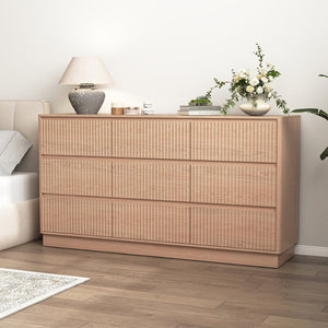 English Elm 9 Drawer Mid Century Wood Dresser Low Profile Matte Finish Bedroom Storage Cabinet Natural W409S00012