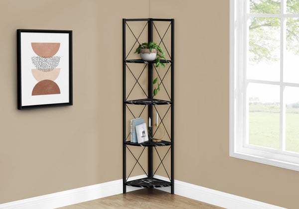 English Elm Bookshelf, Corner Etagere with Black Marble Laminate and Metal Frame for Modern Spaces B2710P219385