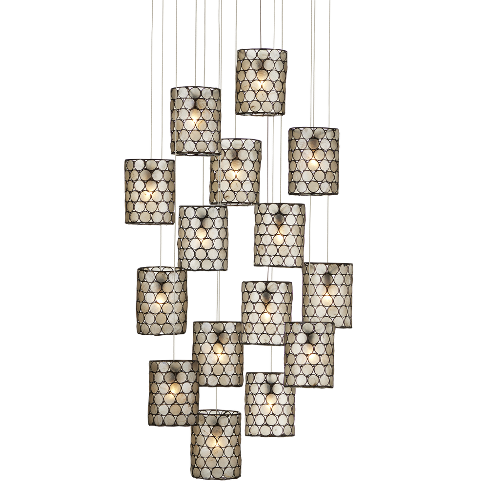 Regatta 15-Light Multi-Drop Pendant: Stunning Capiz Shell & Wrought Iron Design for Modern Spaces