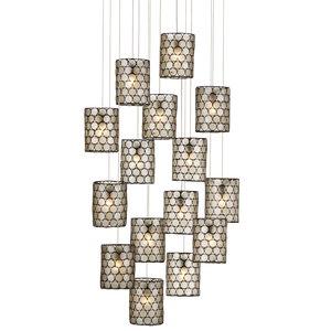 Regatta 15-Light Multi-Drop Pendant: Stunning Capiz Shell & Wrought Iron Design for Modern Spaces