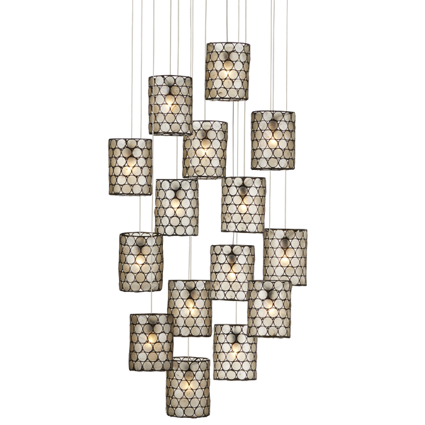 Regatta 15-Light Multi-Drop Pendant: Stunning Capiz Shell & Wrought Iron Design for Modern Spaces