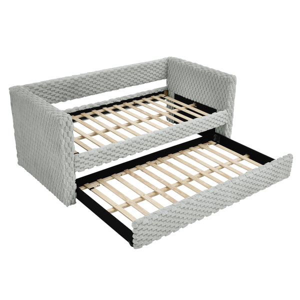 English Elm Twin Upholstered Daybed Sofa with Pull-Out Trundle, Plaid Corduroy Modern Style, Easy Assemble DARK GREY W487S00325