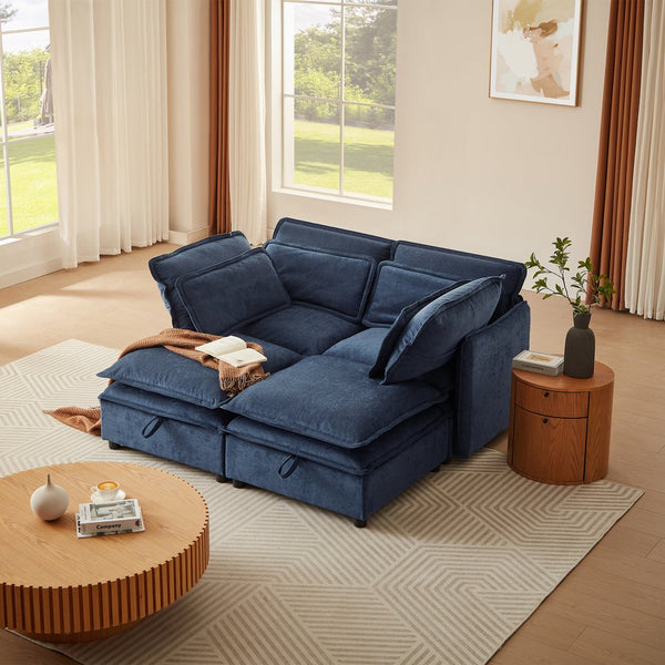 English Elm U_Style Modular Double-Layer 4-Seater Sofa with Hidden Storage, Removable Covers, Foam Comfort Dark Blue WY000422AAC
