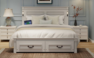 English Elm Queen Farmhouse Pinewood Storage Bed with Led Lighting Usb Charging and Panel Headboard White W504P391013