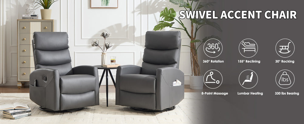 English Elm Heat Massage Rocker Swivel Recliner with 8 Vibration Nodes Fabric Lounge Chair W3224P322245
