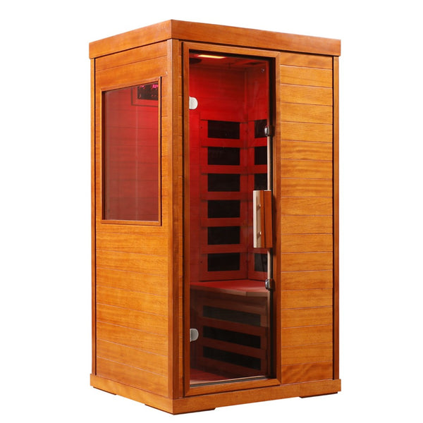 English Elm Infrared Dry Sauna with Okoume Wood Chromotherapy Lighting and Carbon Fiber Heat Panels W3973S00006