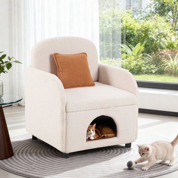 English Elm Furniture Fluffy Sherpa 2-in-1 Pet-Friendly Upholstered Barrel Armchair with Lumbar Pillow, Cream White Cozy Retreat for Living Room Bedroom Office N843P331158C