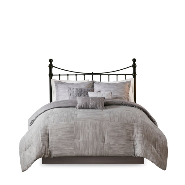 English Elm 7 Piece Printed Seersucker Comforter Set - Modern Grey Ensemble For Queen Bed With Decorative Pillows B03597114