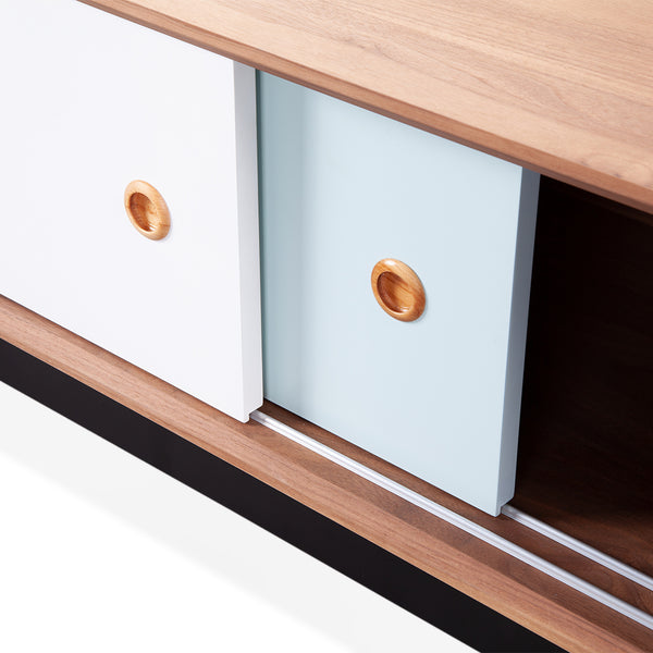 English Elm Finn Finn Juhl 1955 TV Cabinet Blue Walnut – Solid Wood MDF, Black Stainless Legs, Lacquered Drawers, 63” L x 20” W x 9” H B353S00002