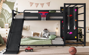 English Elm Twin Metal Loft Bed with Slide Basketball Hoop Climbing Wall and Built-in Shelves W1580S00343