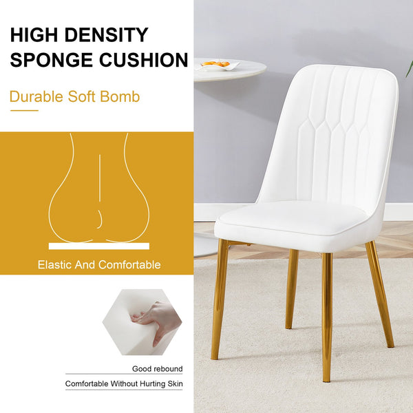 English Elm 2 Modern Dining Chairs White+Gold PU Cushion Ergonomic Curved Back Gold Metal Legs with Pads W1512P406661