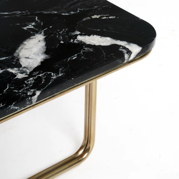 English Elm Black Marble Top Coffee Table with Metal Frame, Luxe Veined Surface, Minimalist Legs, 43.3x22x17.7" B346P320761