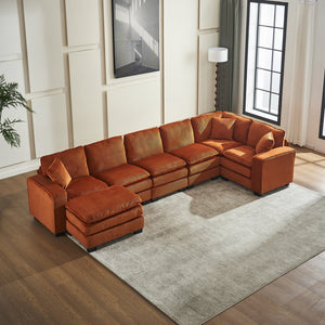 English Elm Modern U Shaped 6-Seat Sectional Sofa with Ottoman and 3 Toss Pillows, Corduroy Modular Comfort and Durable Frame Orange W2363S00043