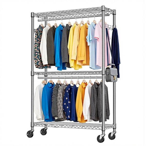 English Elm Heavy Duty Rolling Garment Rack Freestanding Closet Organizer with Adjustable Steel Shelving Chrome W5386P445607