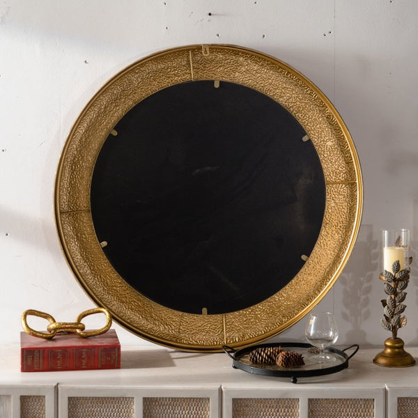 English Elm 31.3" Gold Iron Round Mirror Ribbed Texture Rivets Bohemian Accent for Bedroom W3158P407138