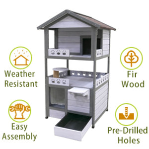 English Elm Three Story Solid Wood Outdoor Cat Villa with Balcony Weatherproof Feral Shelter W1431P284943