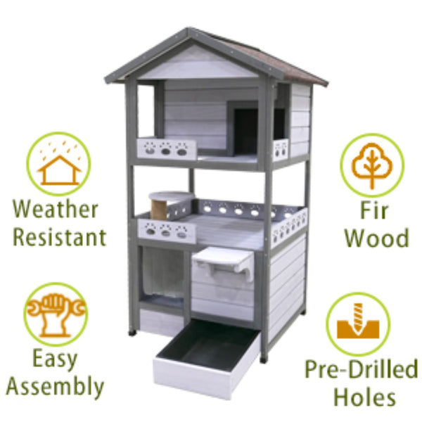 English Elm Three Story Solid Wood Outdoor Cat Villa with Balcony Weatherproof Feral Shelter W1431P284943