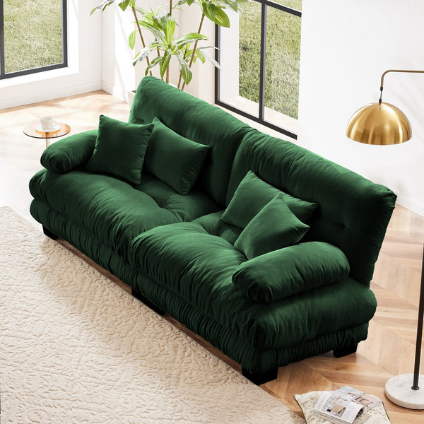English Elm Cloud Couch 2-Seater Sofa In Soft Green Chenille - Plush Comfort With Lumbar & Throw Pillows Included W714S01088