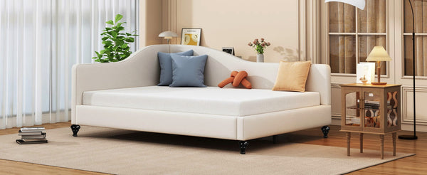 English Elm Full Size L-shaped Linen Upholstered Daybed with Solid Wood Legs for Corner Lounging Beige SF100146AAA-1