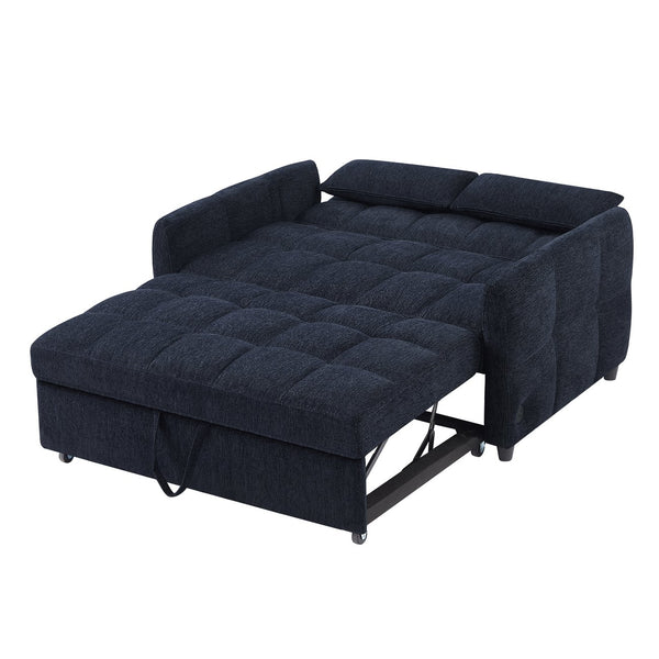 English Elm 52.8" Loveseat Sofa Pull-Out Bed with Adjustable Backrest, Tufted Chenille, 3 USB Ports & Pillows Blue N719S001710C