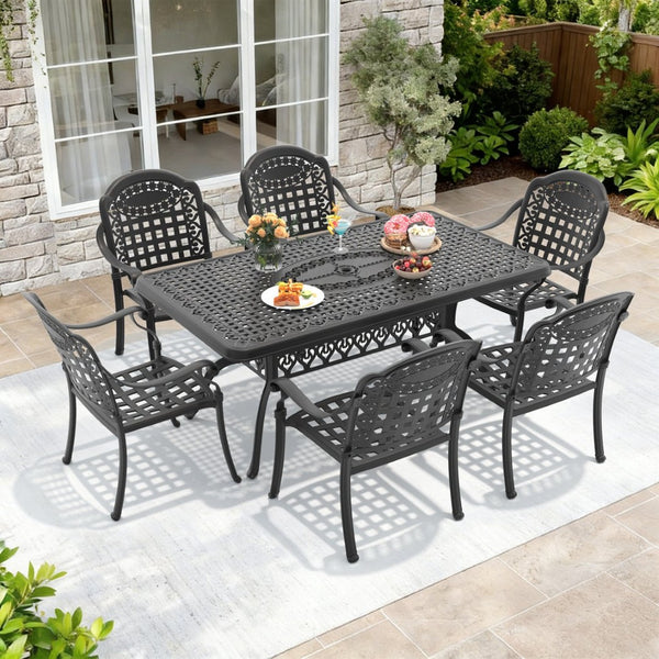 English Elm 7-piece Cast Aluminum Outdoor Dining Set with Carved Petal Motifs and Weather Cushions W1710S00591