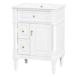 English Elm 24 Inch Freestanding Vanity with Ceramic Sink Rubberwood Frame Matte Finish Storage White N725P356058K