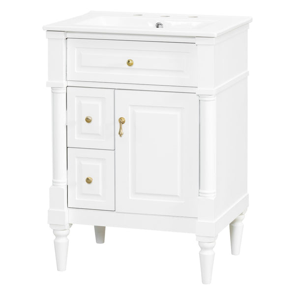 English Elm 24 Inch Freestanding Vanity with Ceramic Sink Rubberwood Frame Matte Finish Storage White N725P356058K