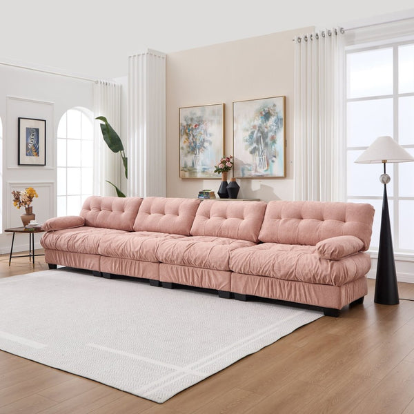 English Elm Modular Cloud Sectional Sofa Flannelette Upholstered Deep Seat with Plush Round Armrests Pink W2120S00044