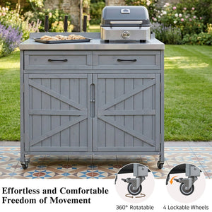 English Elm K&k Outdoor Prep Station Stainless Steel Top Fir Wood Cabinet with Drawer and Wheels Grey+Blue N707P370273G