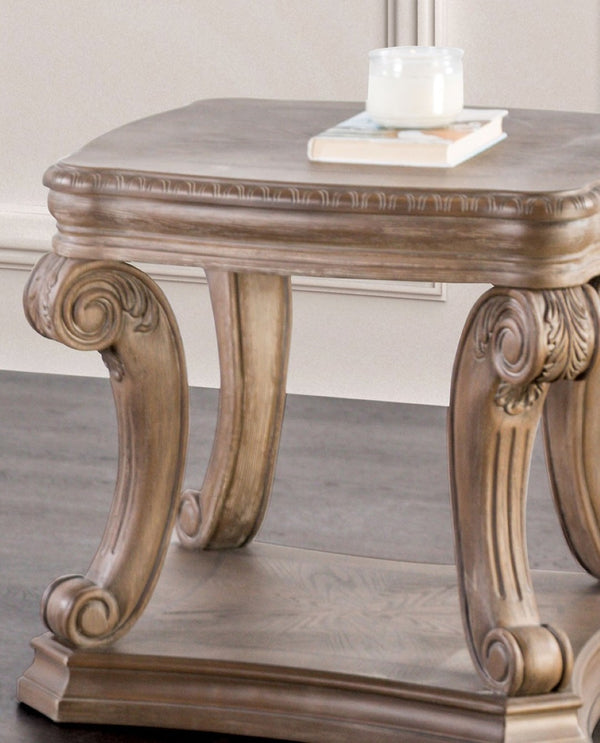 English Elm Traditional End Table In Weathered Oak Finish With Carved Details & Scroll Legs For Elegant Storage B2741P360607-GIGA