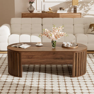 English Elm U-Can Elliptical Lift Top Coffee Table with Hidden Storage, Hydraulic Lift, Wood-Grain Modern Design Brown N724P308481D