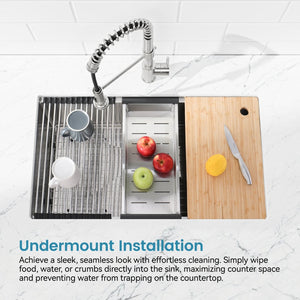English Elm Kitchen Undermount Handcrafted Stainless Steel Single Bowl Sink with Workstation Accessories T3177P286047