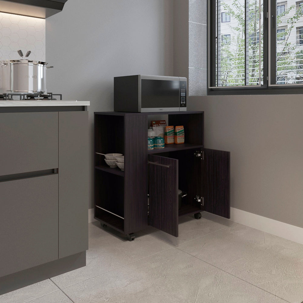 English Elm Bethesda Kitchen Cart with Double-Door Cabinet & Open Shelf, Black Engineered Wood Storage Solution B092P286118