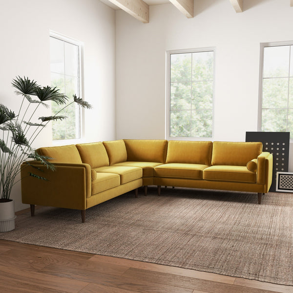 English Elm Ashcroft Furniture - Amber Velvet Corner Sectional Sofa - Mid-Century Yellow Upholstery, Solid Wood Frame, Removable Cushions B183S00071