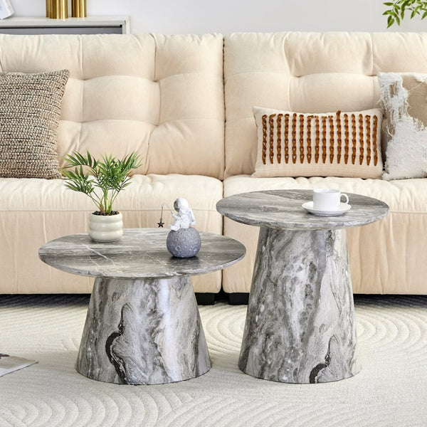 English Elm Nested Round Coffee Table Set with Wood Grain Mdf Top for Modern Living Rooms Grey W2920S00117
